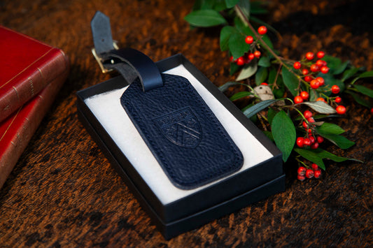 Navy Leather College Luggage Tag, Debossed Crest